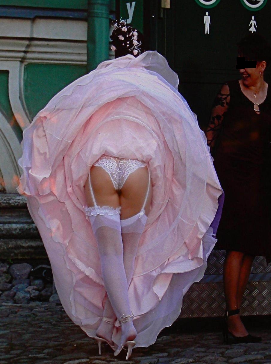 Brunette Young Bride wearing White Sheer Nylon Stockings, Lace Knickers and Upskirt Pink Long Dress